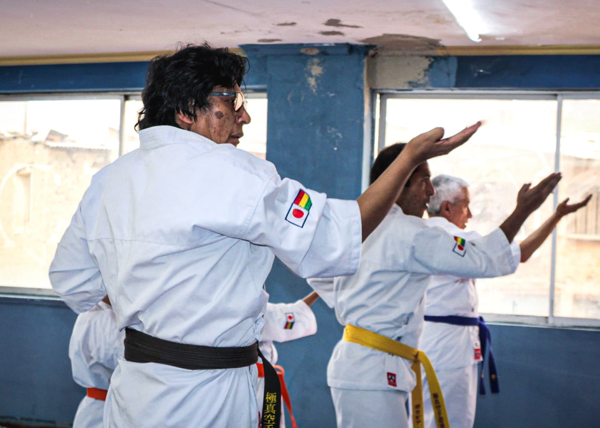 Karateka practising a rising block in a line, belts from yellow to brown.