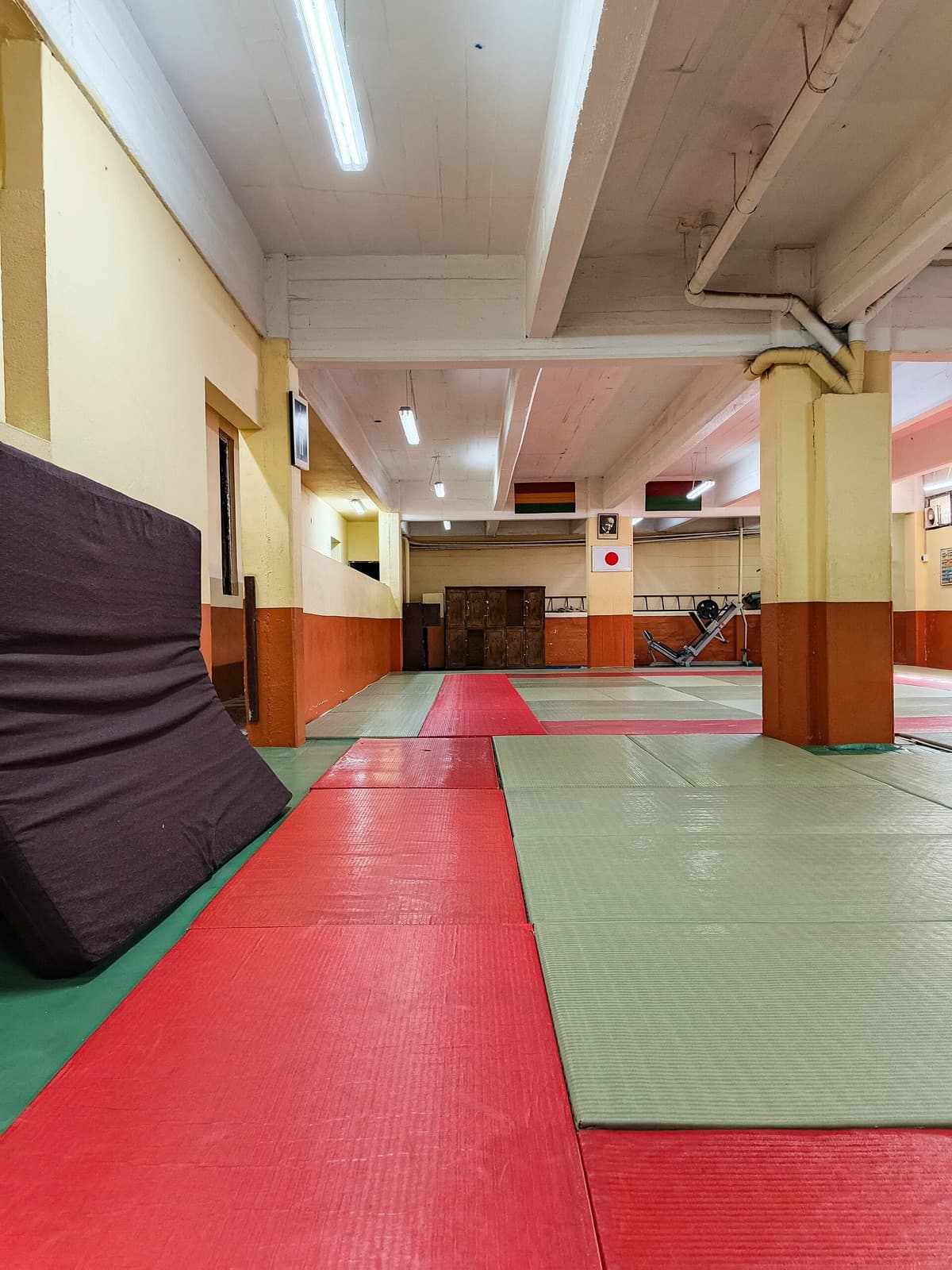Empty dojo floor: red and green tatami, crash pads stacked against the wall.